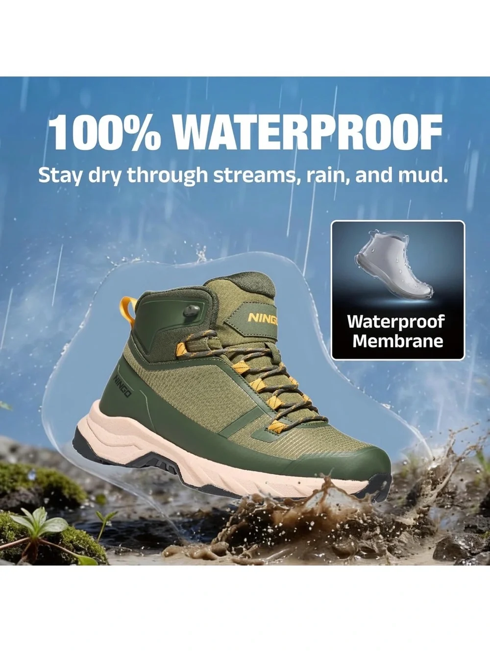 NINGO Men's Dark Green High-Top Waterproof Lightweight Hiking Trail Boots 11 NEW